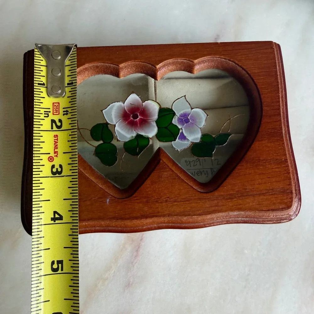 Vintage Wood Jewelry Box‎ Double Heart Floral Glass Inlay Trinket Box Organizer